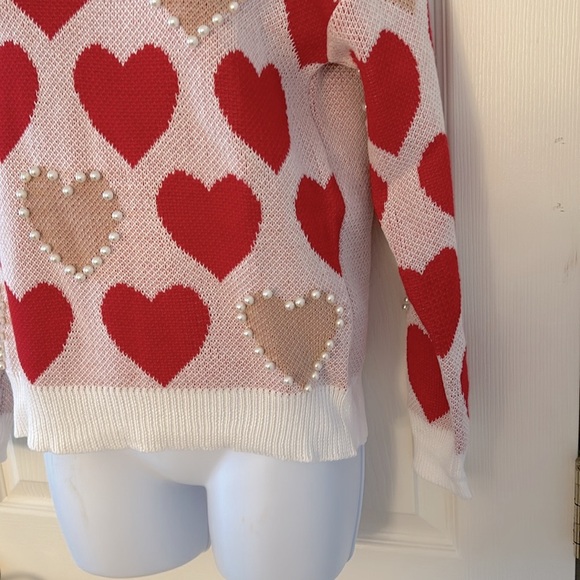 Red + Cream Pearl Heart Knit Sweater - Picture 7 of 16